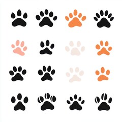 Fototapeta premium Colorful paw prints in various designs on a white background, creating a playful and cheerful pattern.