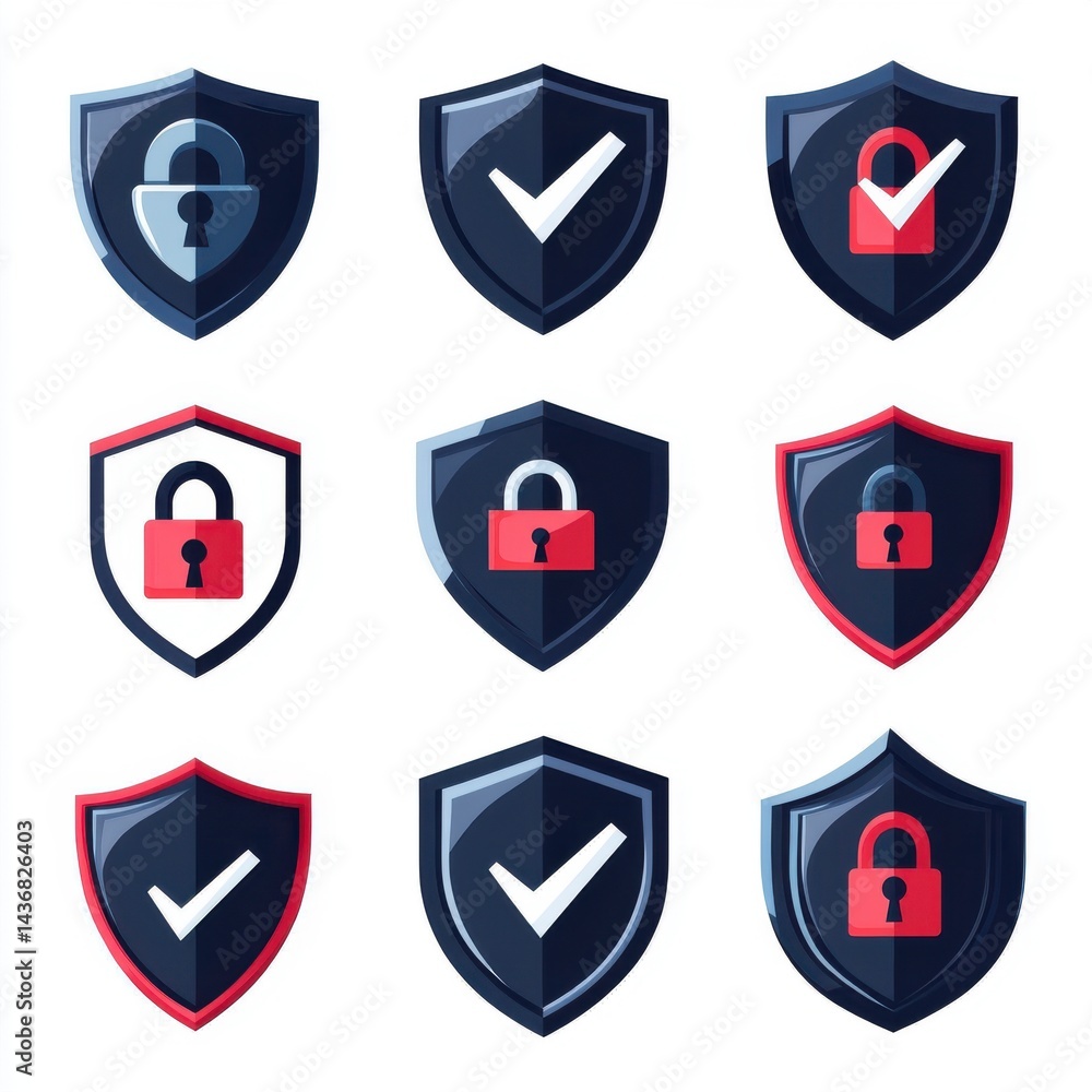 Poster nine shield icons with varying lock and checkmark symbols in a modern design.