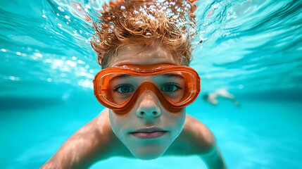 Naklejka premium Young Boy Underwater with Orange Goggles in a Blue Pool