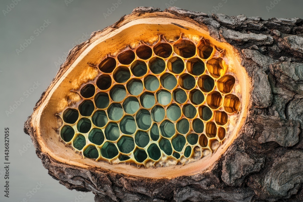 Aufkleber a mesmerizing honeycomb structure embedded within a rustic tree trunk, showcasing nature's intricate