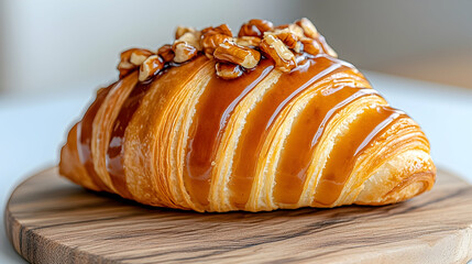 Golden Croissant with Walnut Topping and Caramel Drizzle