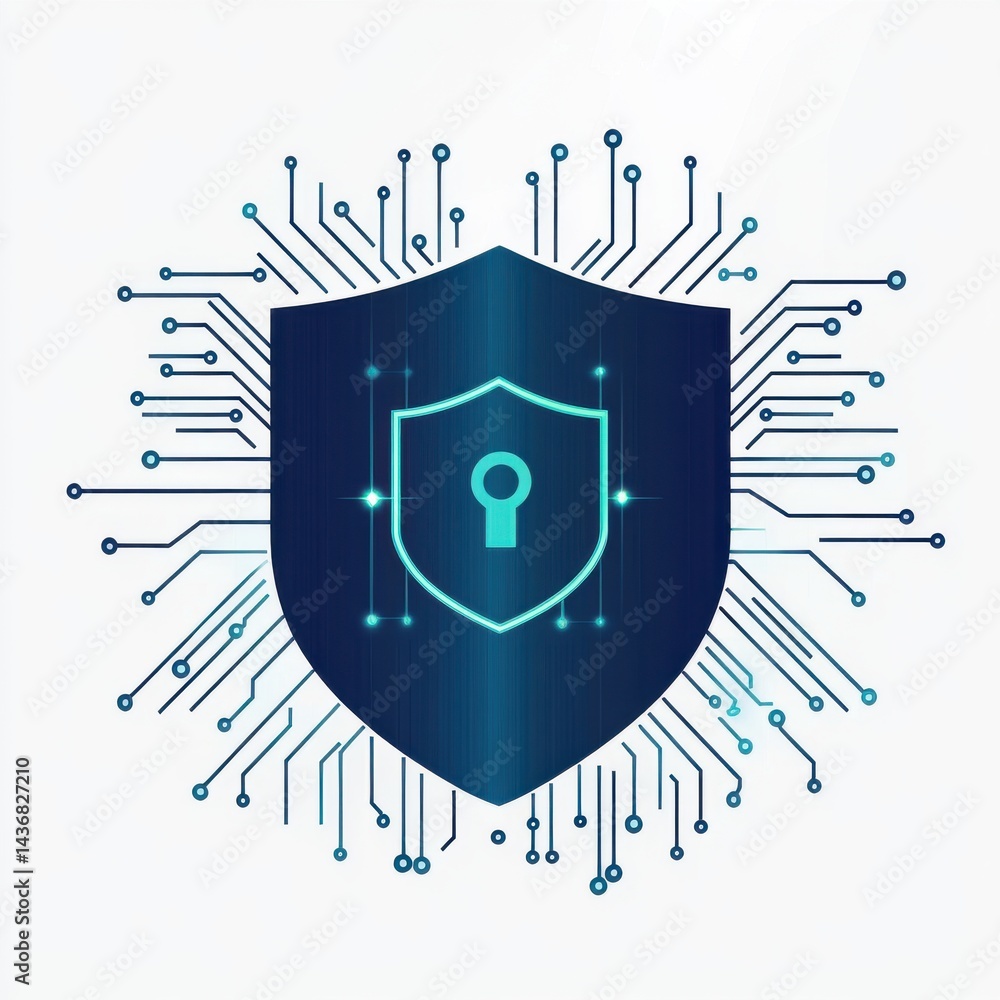 Poster digital shield symbolizing cybersecurity with circuit patterns and a keyhole, conveying protection a