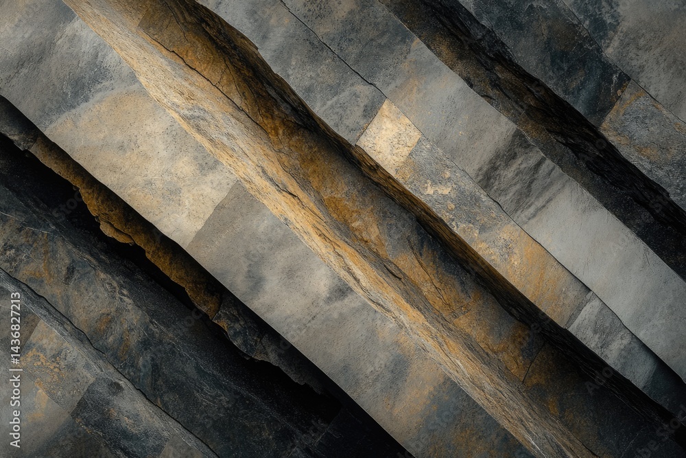Poster abstract image of layered stone with gold and gray tones, showcasing texture and depth.