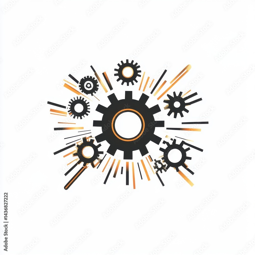 Aufkleber abstract design featuring gears and dynamic lines in black and orange tones.
