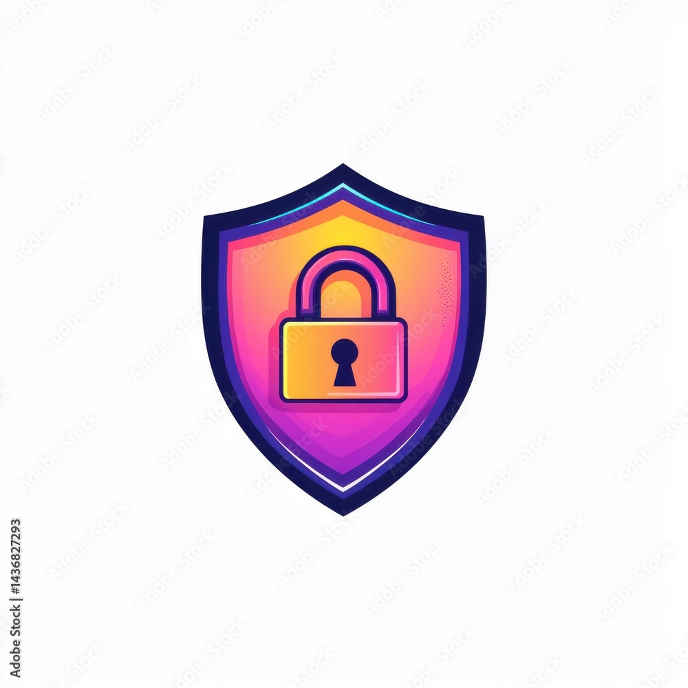 Poster colorful shield icon with a lock symbol, representing security and protection in digital environment