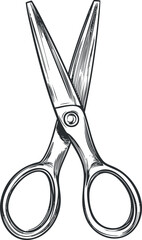 Black and white detailed illustration of open scissors tool with sharp blades and round handles for cutting