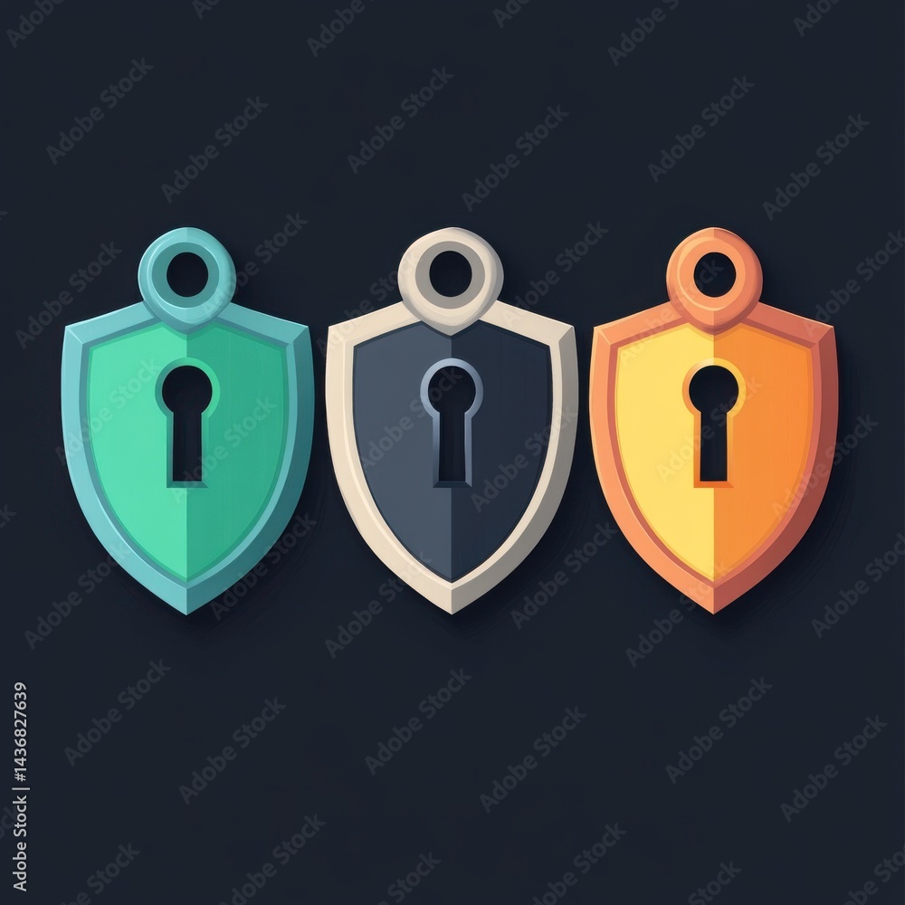 Poster colorful 3d shields with keyholes representing security and protection in a modern digital context.