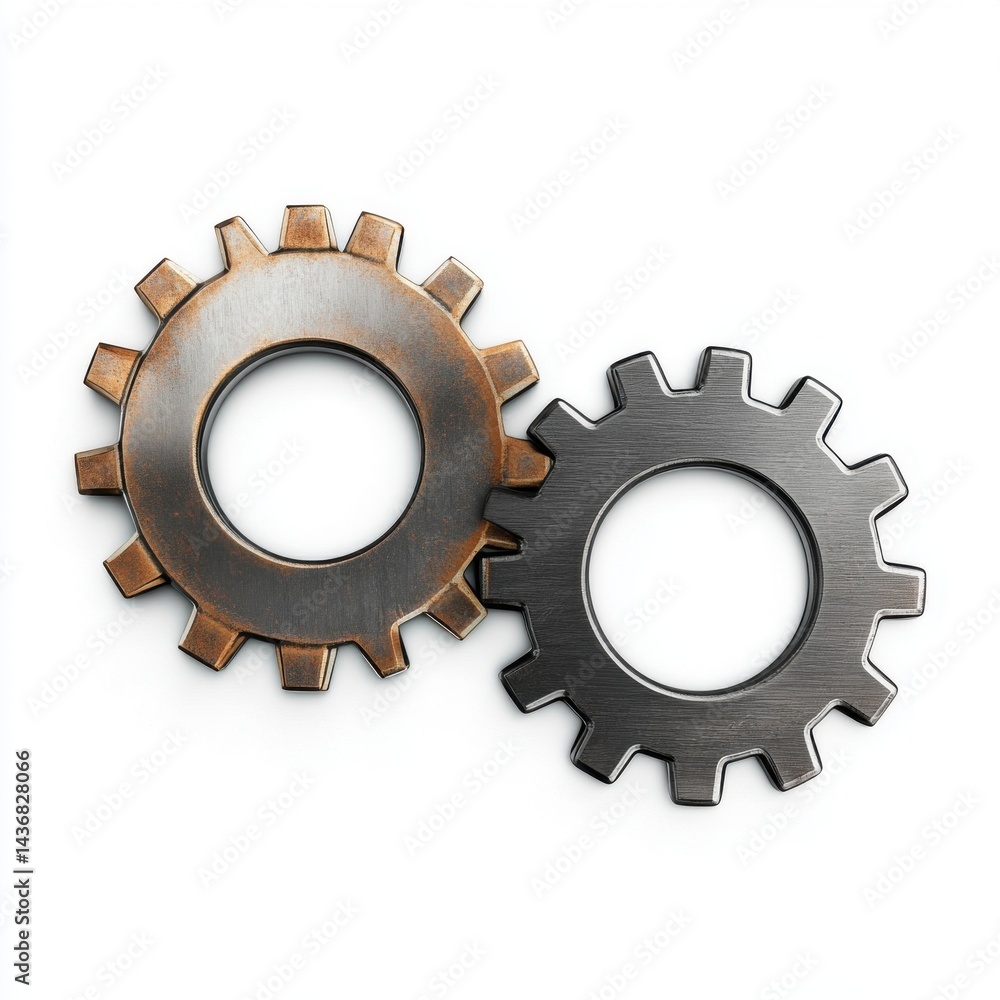 Poster two interlocking gears in bronze and steel colors symbolize teamwork and mechanical precision.