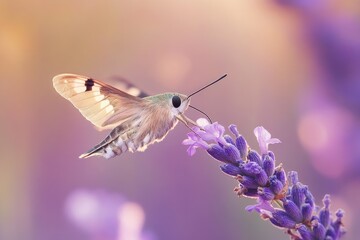 A hummingbird hawk-moth delicately feeds on a vibrant lavender blossom in a soft, sunlit scene.
