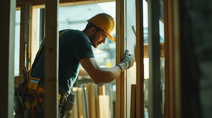 Construction Worker Installing Window Frame