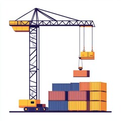 A vibrant illustration of a construction crane lifting colorful shipping containers.