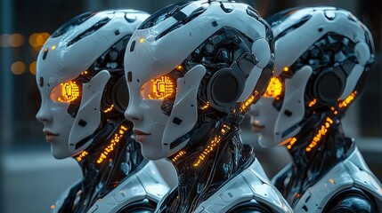 Three futuristic humanoid robots with glowing orange eyes and sleek metallic designs, showcasing advanced technology and elegance.
