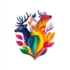Obraz premium Colorful illustration of various deer and a fox, surrounded by vibrant leaves, showcasing nature's beauty.