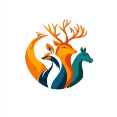 Stylized animal silhouettes featuring a colorful deer, fox, and bird in a circular formation.