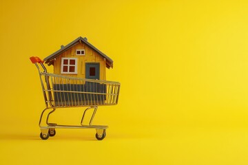 Miniature house in shopping cart on yellow background