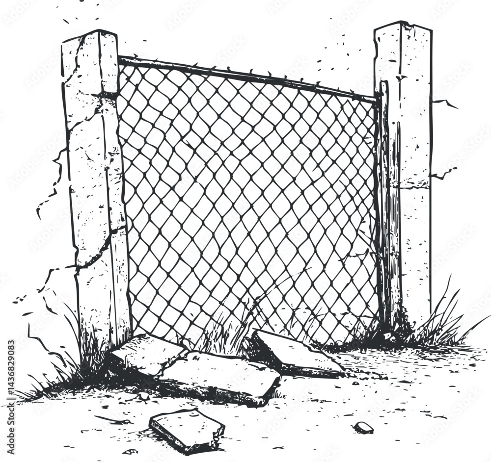 Poster black and white sketch of a damaged chain link fence gate with concrete posts and broken slabs on th