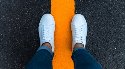 Couple's Feet Standing on Asphalt Near Yellow Line