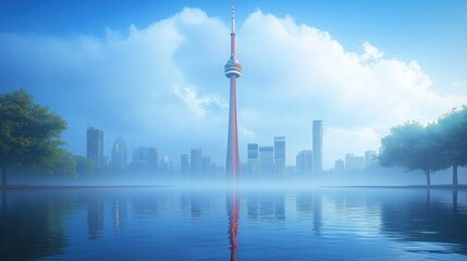 Obraz premium Misty morning cityscape with iconic tower