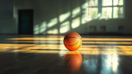 A vibrant orange basketball resting on a polished wooden floor, illuminated by soft sunlight.