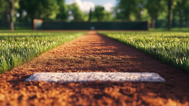 A close-up view of a baseball field path framing a white base in a lush green landscape.