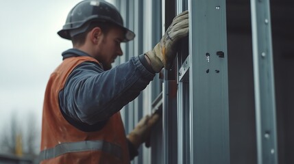 Construction Worker Installing Metal Frame