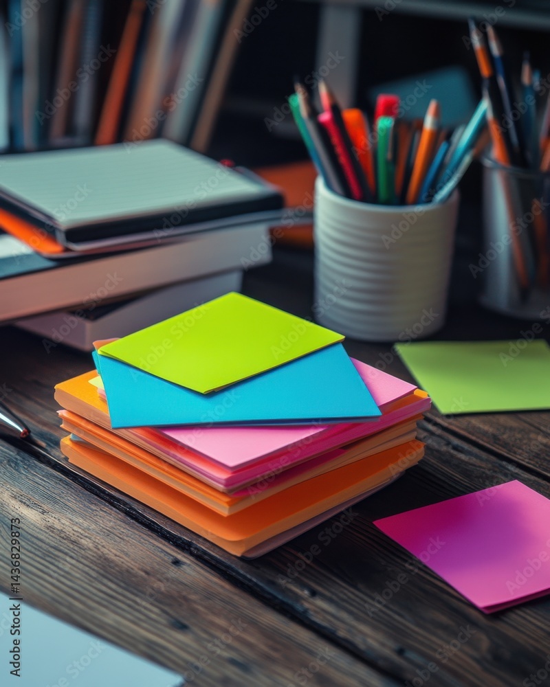 Poster a vibrant workspace featuring colorful sticky notes, pens, and notebooks, creating an inviting atmos