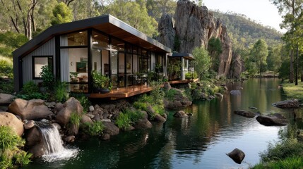 Obraz premium Modern cabin nestled by a serene river