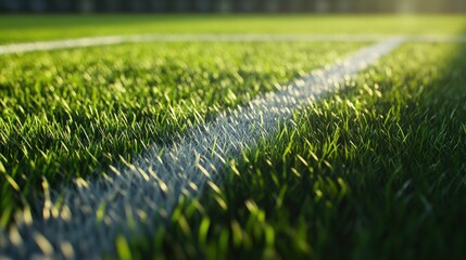 Close-up of vibrant green grass on a soccer field with white markings, illuminated by soft sunlight.
