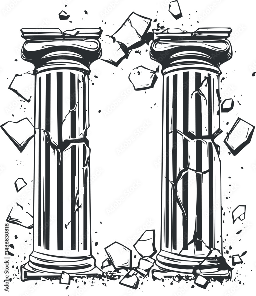Poster two broken classical stone columns with cracks and debris illustrating ancient ruin and destruction
