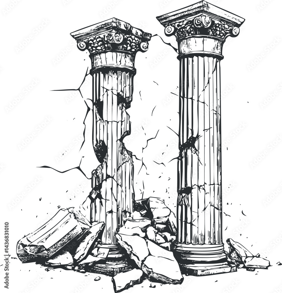 Poster black and white sketch of two ancient classical columns with one broken and surrounded by rubble and
