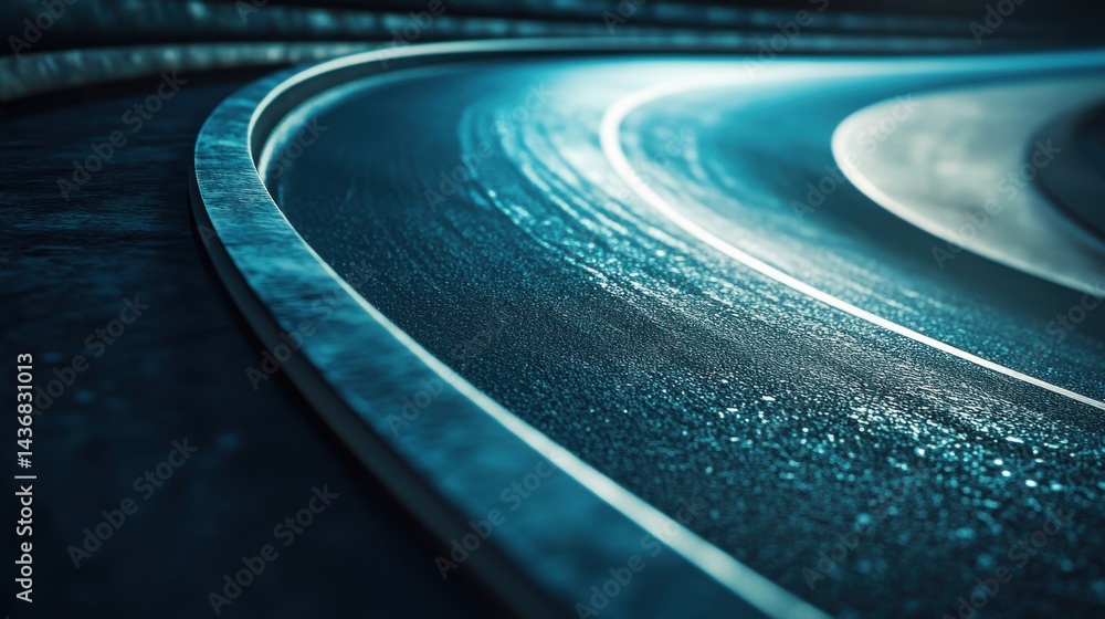 Poster close-up of a wet racing track, featuring smooth curves and reflective surfaces, creating a dynamic,