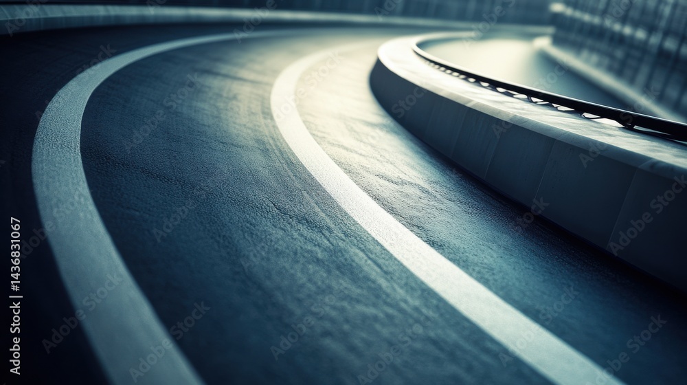 Poster curvy asphalt track with smooth lines, evoking a sense of speed and motion in a sleek environment.