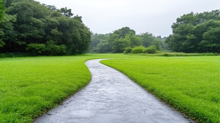 Serene, wet path through lush green meadow
