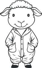 Black and white cartoon illustration of a smiling sheep character wearing a jumpsuit with hands in pockets