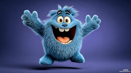 Furry blue character joyfully smiling with open arms against a blue background