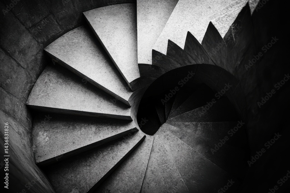 Poster abstract view of a grey spiral staircase with a minimalist design, showcasing sharp lines and geomet