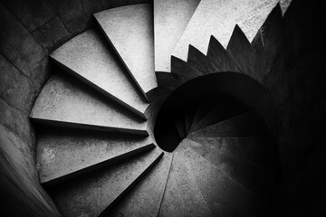 Abstract view of a grey spiral staircase with a minimalist design, showcasing sharp lines and geometric shapes.