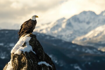 Fototapeta premium Majestic bald eagle perched on a snow-covered rock, overlooking a breathtaking mountain range at sunset.