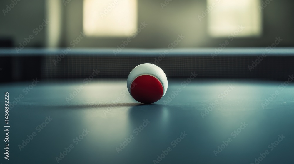 Poster a close-up of a ping pong ball resting on a table, with soft natural lighting creating a dynamic atm