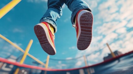 A child's footed sneakers seen mid-air above a trampoline against a bright blue sky.