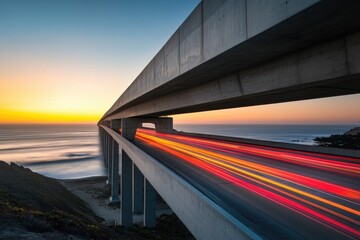 Coastal highway bridge at sunset with light trails of cars driving through.