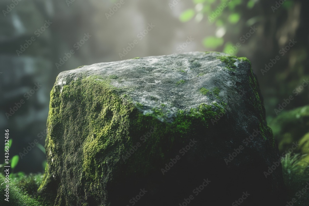 Poster a moss-covered rock in a serene forest setting, illuminated by soft light, creating a tranquil atmos