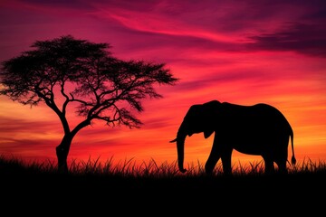 Fototapeta premium Silhouette of an elephant at sunset in the African savanna with a lone acacia tree.