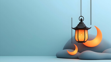 Orange Glow Islamic Lanterns and Crescent Moons on Blue Background