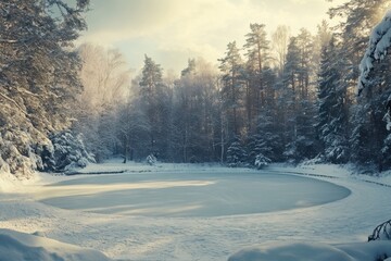 Serene winter landscape with a frozen pond surrounded by snow-covered evergreens under a soft morning light.