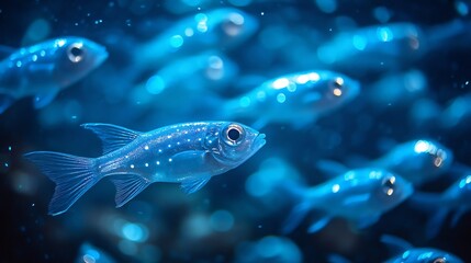 Fototapeta premium Surreal shoal of glowing lanternfish deep in the ocean their bioluminescent bodies creating a magical underwater display cinematic marine wildlife shot