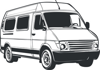 Black and white illustration of a high roof passenger van side view isolated on white background