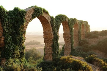 Ancient stone aqueduct arches overgrown with lush green ivy, set against a sunlit, hazy landscape.