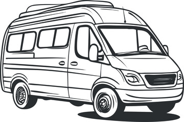 Black and white line drawing of a camper van vehicle used for travel and recreational purposes