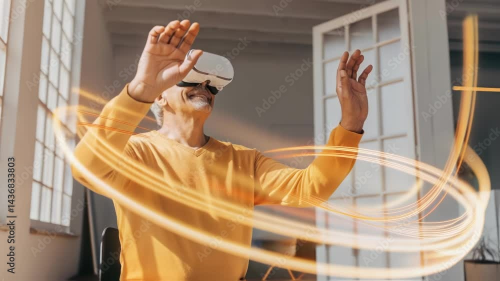 Poster a thoughtfully smiling elderly man engaging in a guided meditation session through an augmented real